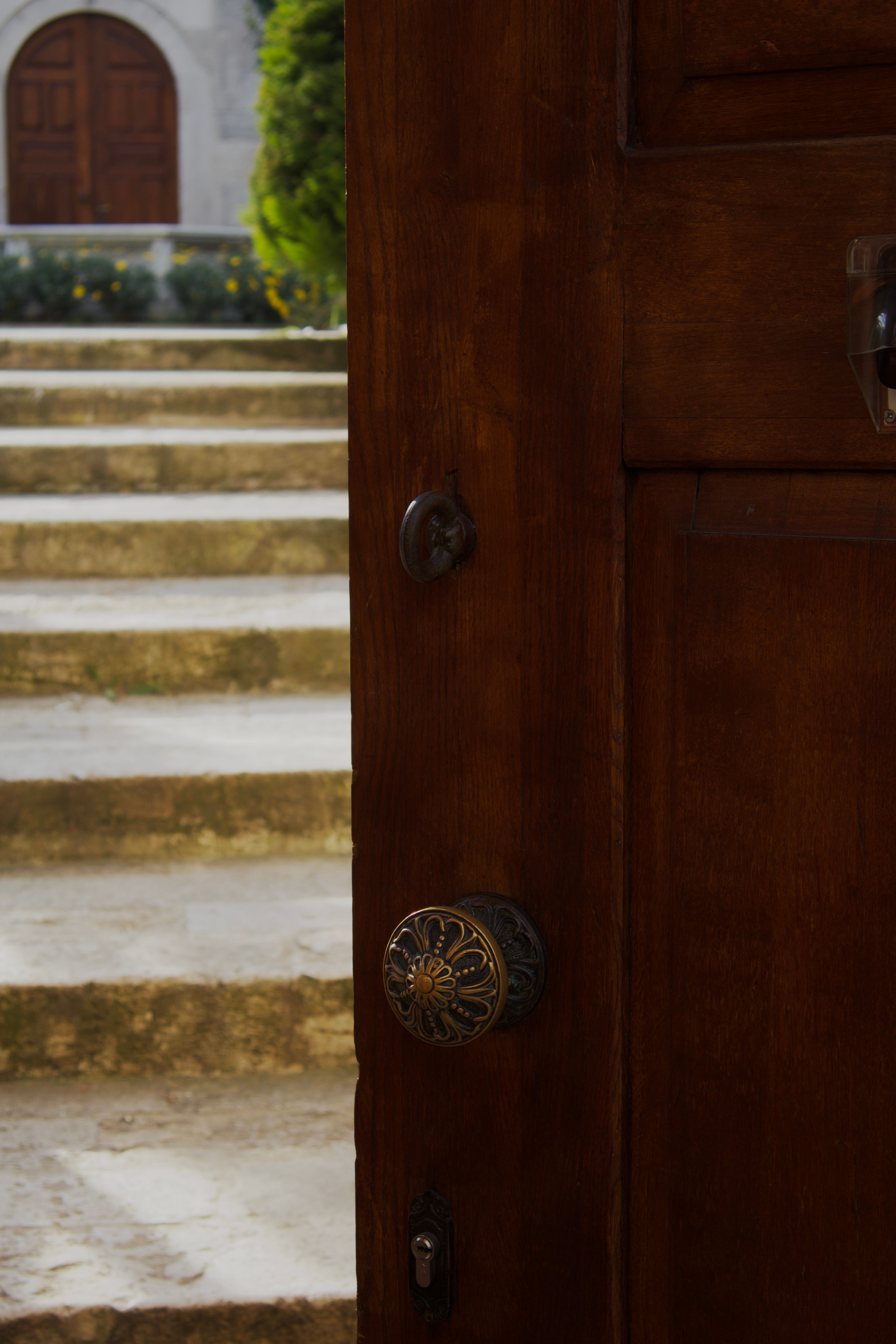 Wooden door ajar with stone steps leading to an ornate building entrance.