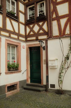 Explore the classic architecture of a half-timbered house in the quaint streets of Mainz, Germany.