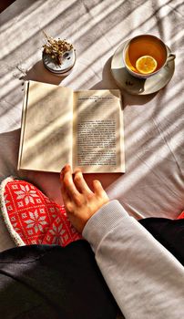 A peaceful morning scene of reading a book with tea in warm sunlight.