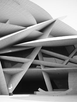 Monochrome image of iconic futuristic architecture in Qatar's capital, Doha. Ideal for art and architecture enthusiasts.
