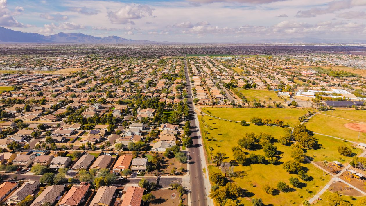 Aerial view of a suburban Southern Arizona neighborhood of single-story homes