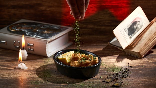 A captivating scene of herbs being sprinkled over fried calamari, surrounded by vintage books and candles.