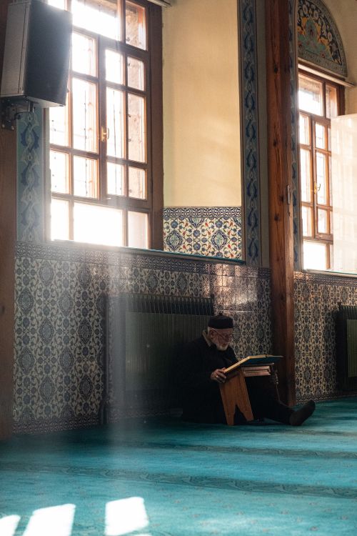 Free An elderly man reading in the serene interior of a sunlit mosque. Stock Photo