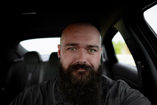 Portrait of a bearded man sitting inside a car, showcasing a confident and relaxed expression.