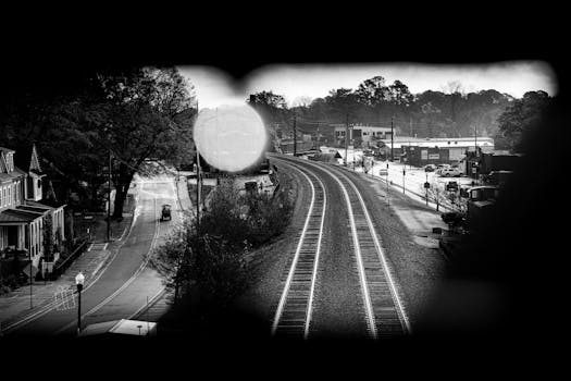 A black and white photo capturing a small town view with railroad tracks and tree-lined streets.