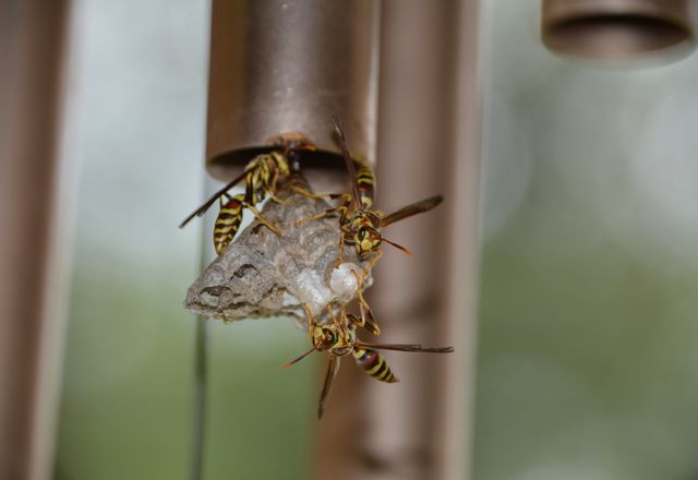 Paper wasps building a nest