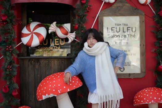 Woman posing at festive tea salon entrance adorned with decorations.