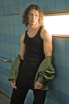 Portrait of a fashionable young man in a modern urban setting with blue tiles.