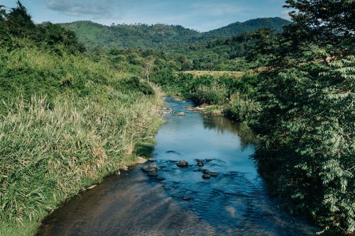 Free Tranquil river scene in Kon Tum, Vietnam surrounded by lush greenery and mountains under a clear sky. Stock Photo