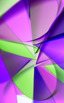 Vibrant abstract art featuring overlapping geometric patterns in purple and green tones.