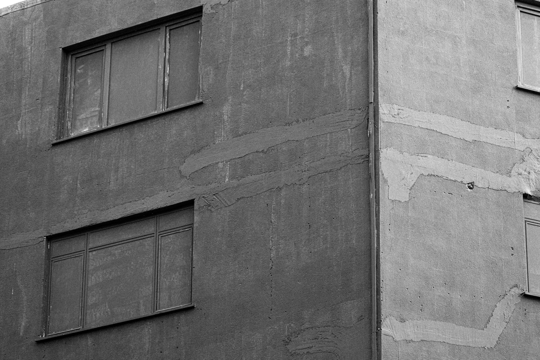 Black and white photo of a building facade showing texture and architecture details.