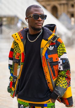 Fashionable man in vibrant, geometric jacket standing outdoors near urban landmark.