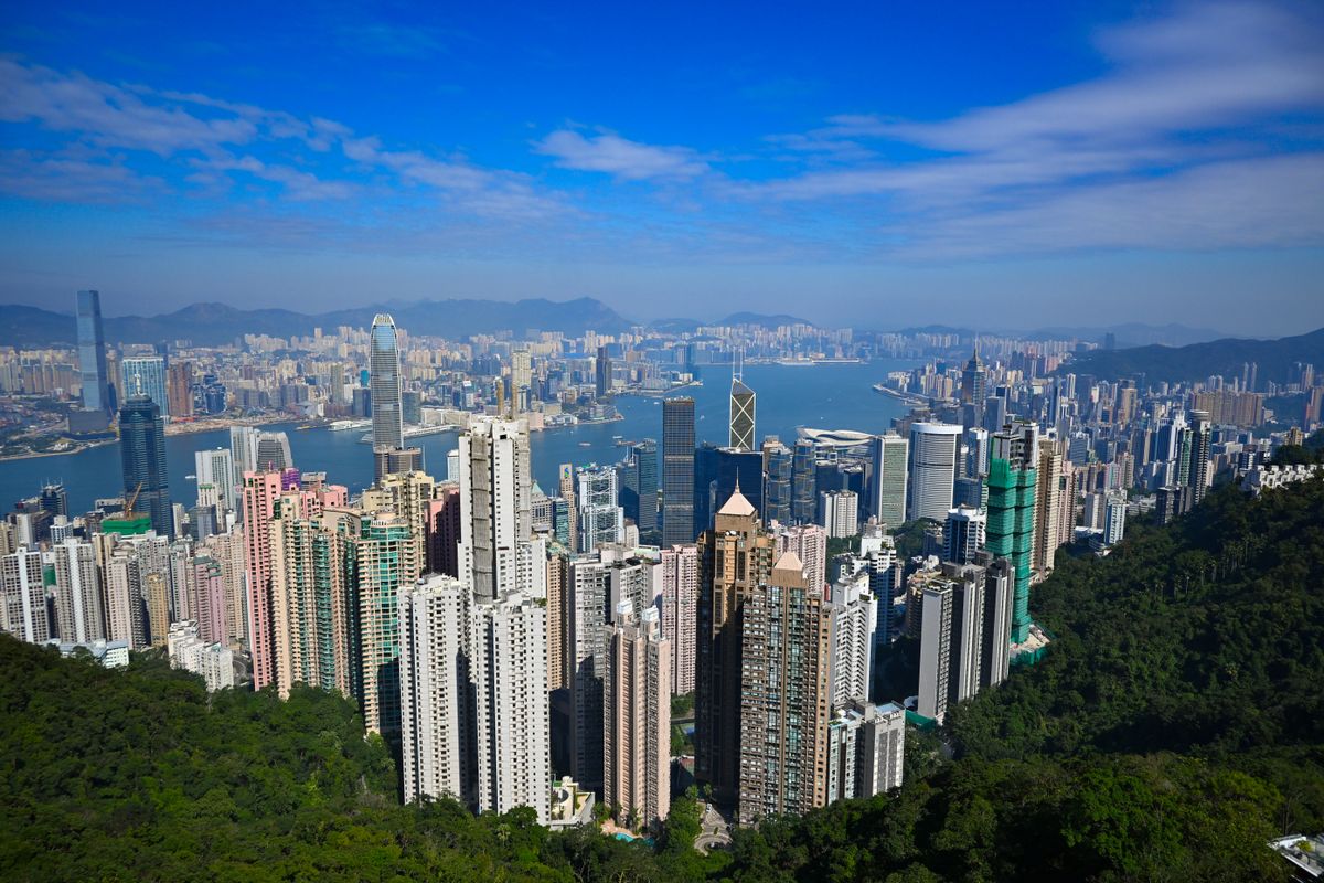 Aerial view of the Hong Kong skyline at dusk