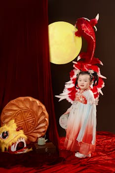 Charming child in ao dai with dragon backdrop, celebrating Vietnamese festival.