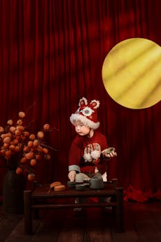 Adorable baby in traditional red outfit with dragon hat, celebrating in Ho Chi Minh City, Vietnam.