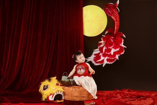 Adorable baby in traditional dress with dragon costume celebrating Vietnamese festival indoors.