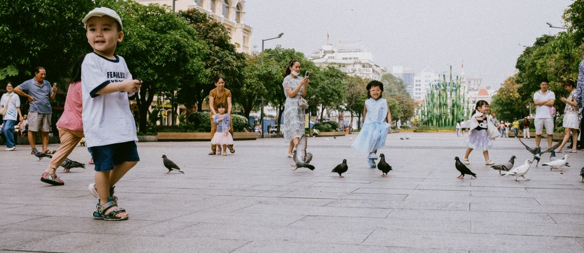 Niños jugando con palomas en una plaza