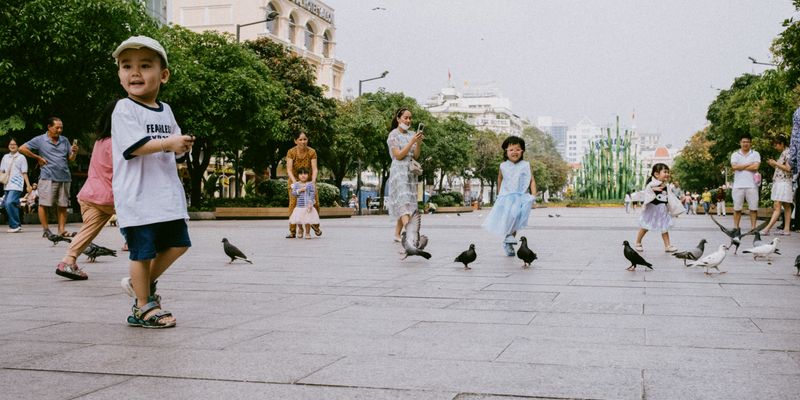 Niños jugando con palomas en una plaza