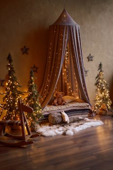 Festive children's bedroom with Christmas lights and plush toys, creating a whimsical atmosphere.