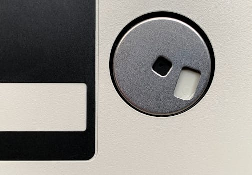 Detailed close-up photo of an antique floppy disk surface highlighting its geometric design and vintage technology.