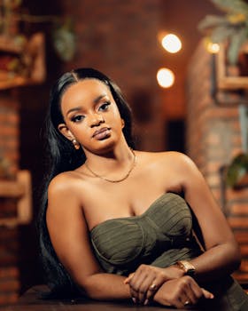 A beautiful woman posing indoors with warm lighting and stylish decor.