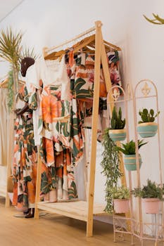 一家现代精品店里，花卉印花服装优雅地陈列着，周围点缀着郁郁葱葱的绿色植物