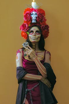 Vivid Catrina costume with artistic makeup and red floral accents, celebrating Día de los Muertos in Mexico City.