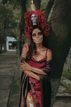 Woman in Catrina attire with skull makeup and a flower headdress in Mexico City.