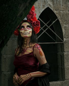 A woman in artistic Catrina makeup with red floral headpiece outdoors during Día de los Muertos.