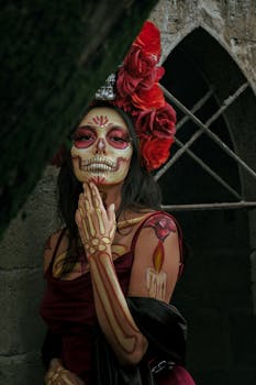 A captivating Catrina makeup portrait with red roses and intricate designs in Mexico City.