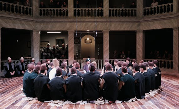 Men participate in a traditional Sufi whirling dervish ceremony indoors.
