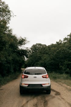 A white SUV travels down a secluded forest dirt road under a cloudy sky.