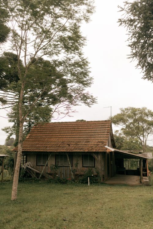 Free Wooden house in tranquil setting, surrounded by trees and greenery. Stock Photo