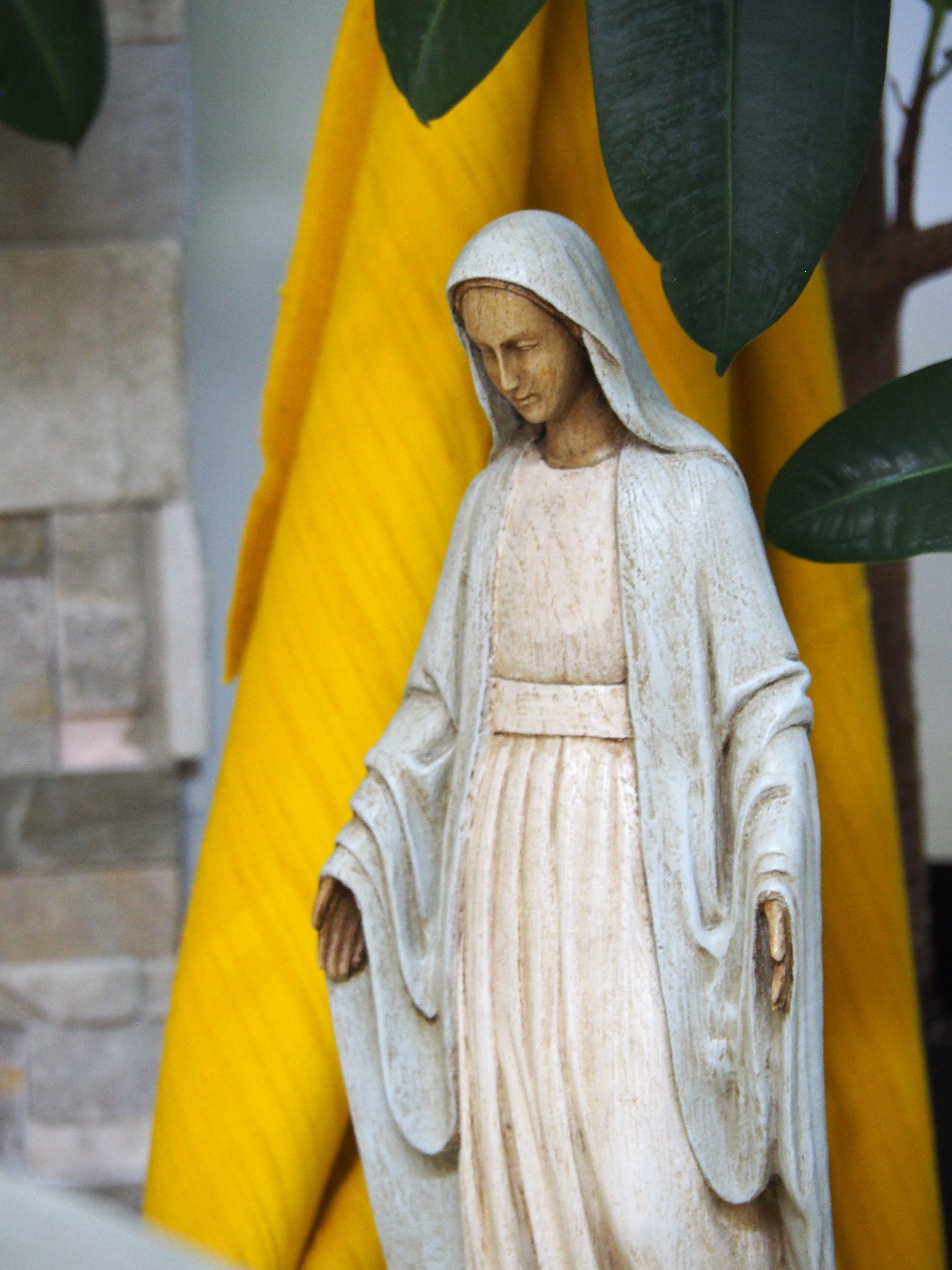Elegant statue of Virgin Mary surrounded by vibrant foliage, captured in Sherbrooke, Québec.
