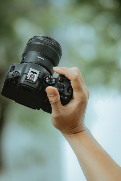 Free A hand holding a DSLR camera in an outdoor setting with blurred green background. Stock Photo