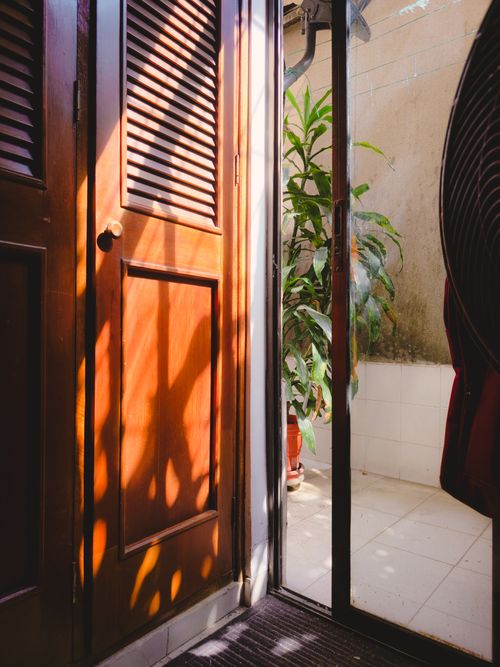 Free Warm sunlight casting artistic shadows through a wooden door onto a plant in Bucaramanga, Colombia. Stock Photo