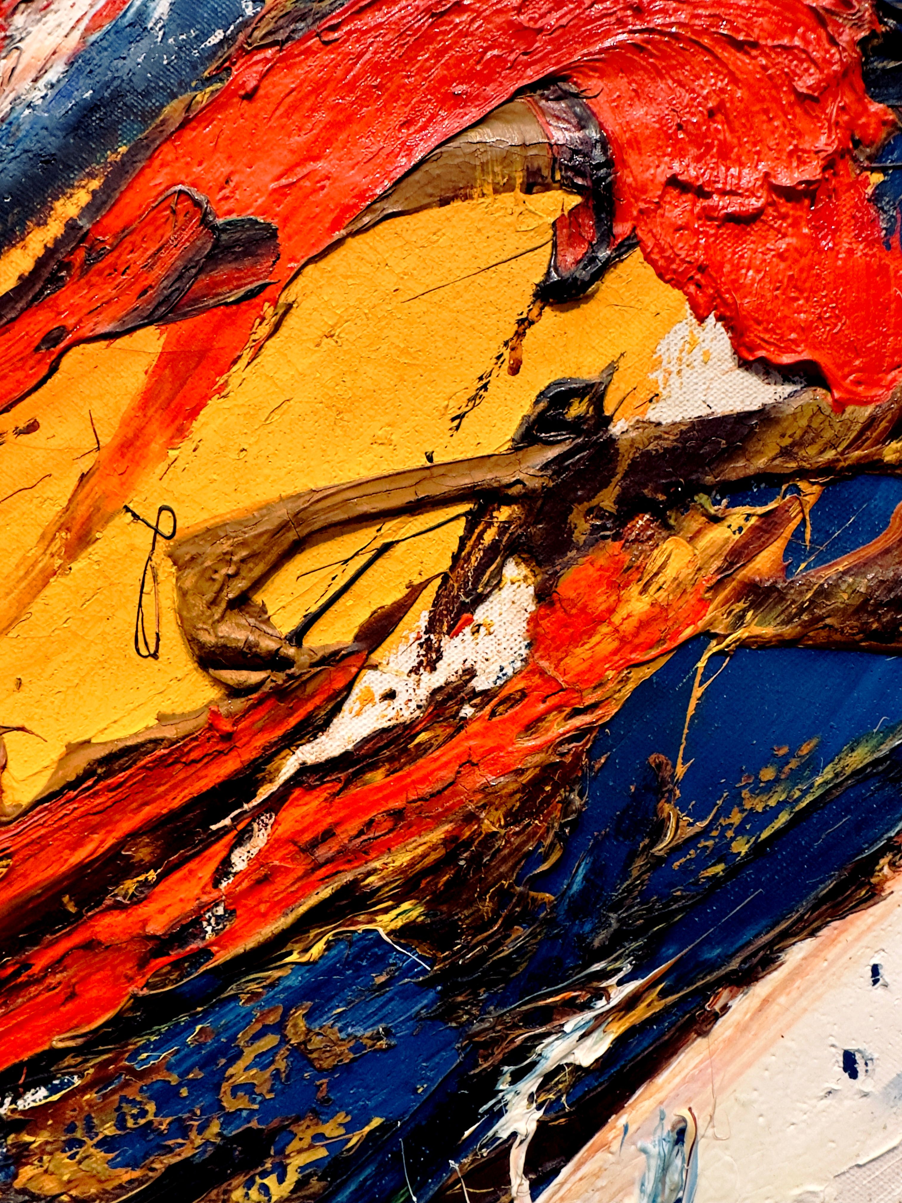 Dynamic abstract painting with bold red, yellow, and blue strokes, showcasing vibrant textures.