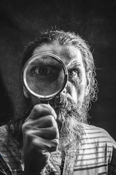 Black and white portrait of a bearded man using a magnifying glass for inspection.