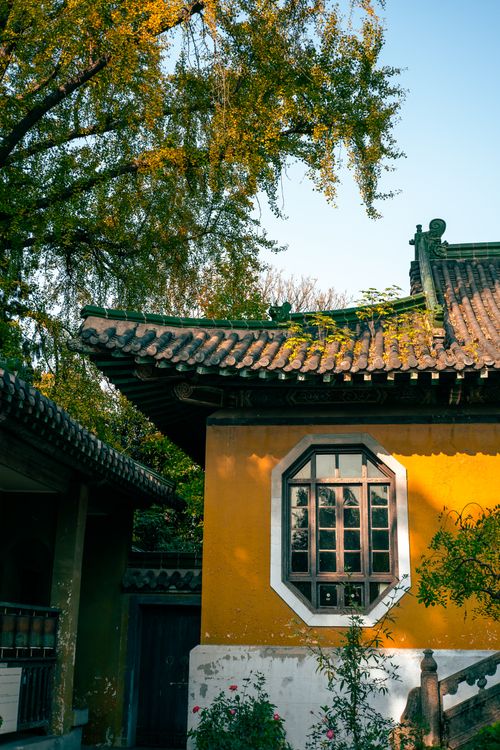 Free A serene view of traditional Chinese architecture amidst autumn leaves in Nanjing, China. Stock Photo