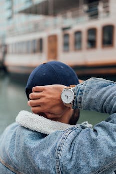 水边那个穿着牛仔夹克的人的背影，散发着休闲风格