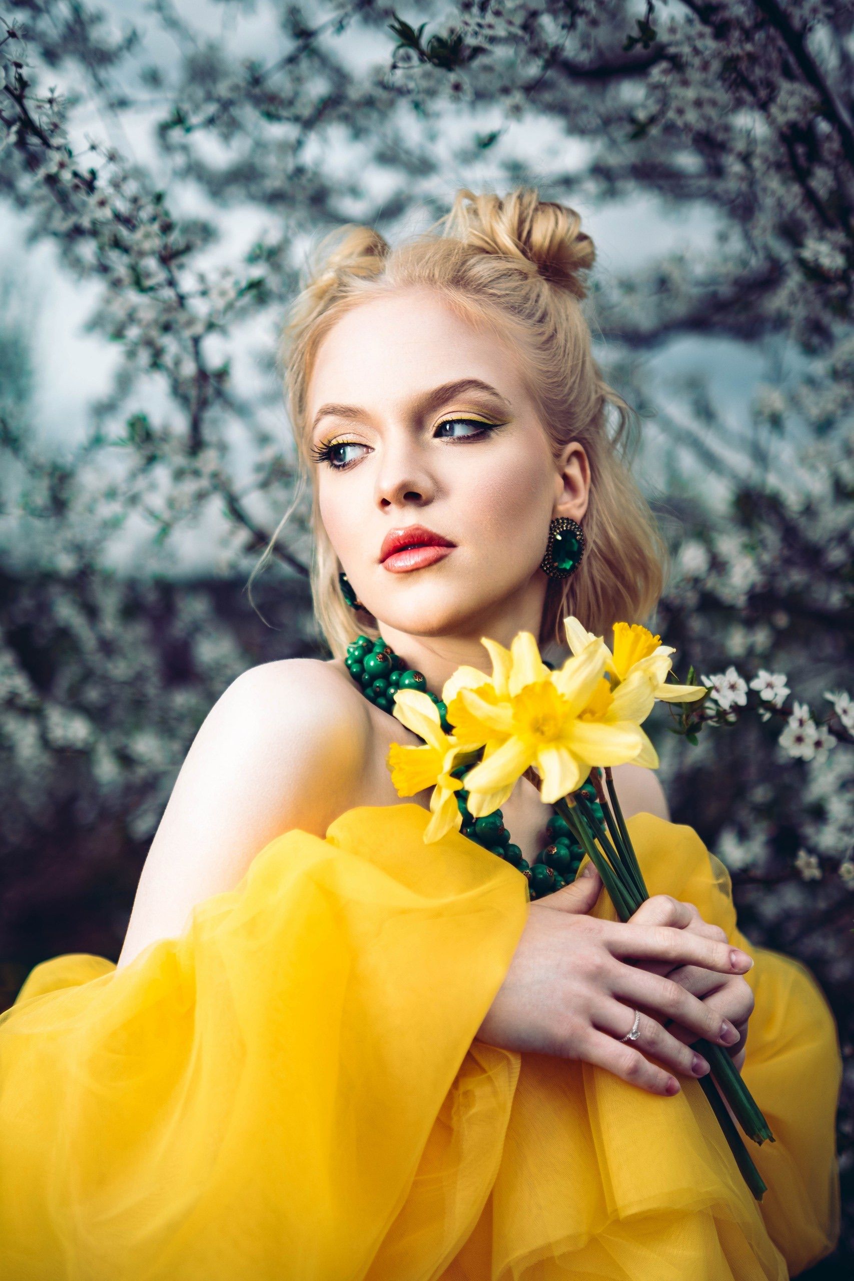 Portrait of Woman in Yellow Dress with Daffodils · Free Stock Photo