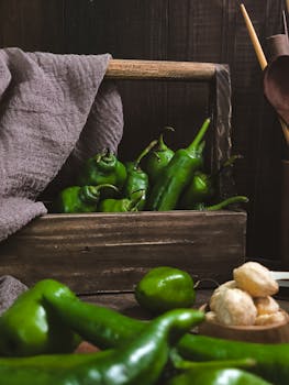 A rustic still life of fresh green chili peppers in a wooden box, capturing warm harvest tones.