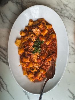 Fresh rigatoni pasta with rich tomato sauce and herbs on a white plate, perfect for a cozy meal.