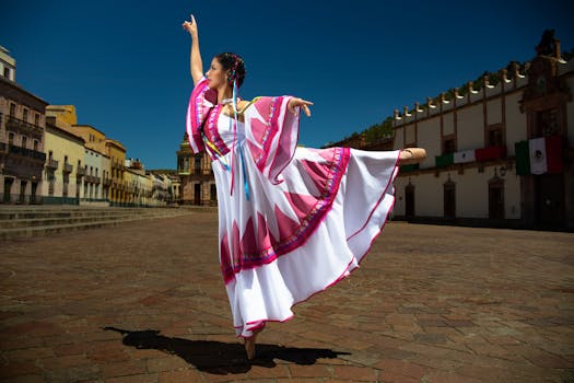 Mexican dancer performing in a vivid traditional dress on a sunny day in a historic plaza.
