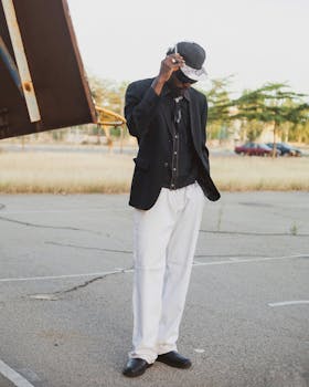 A fashionable man in a black suit adjusts his hat outdoors in a serene setting.