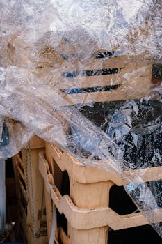Stacks of crates covered in clear plastic with rain droplets in Milano, Italy.