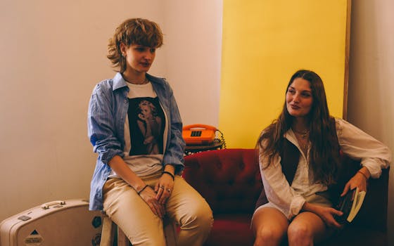 Two women having a casual chat indoors, sitting on a vintage couch.