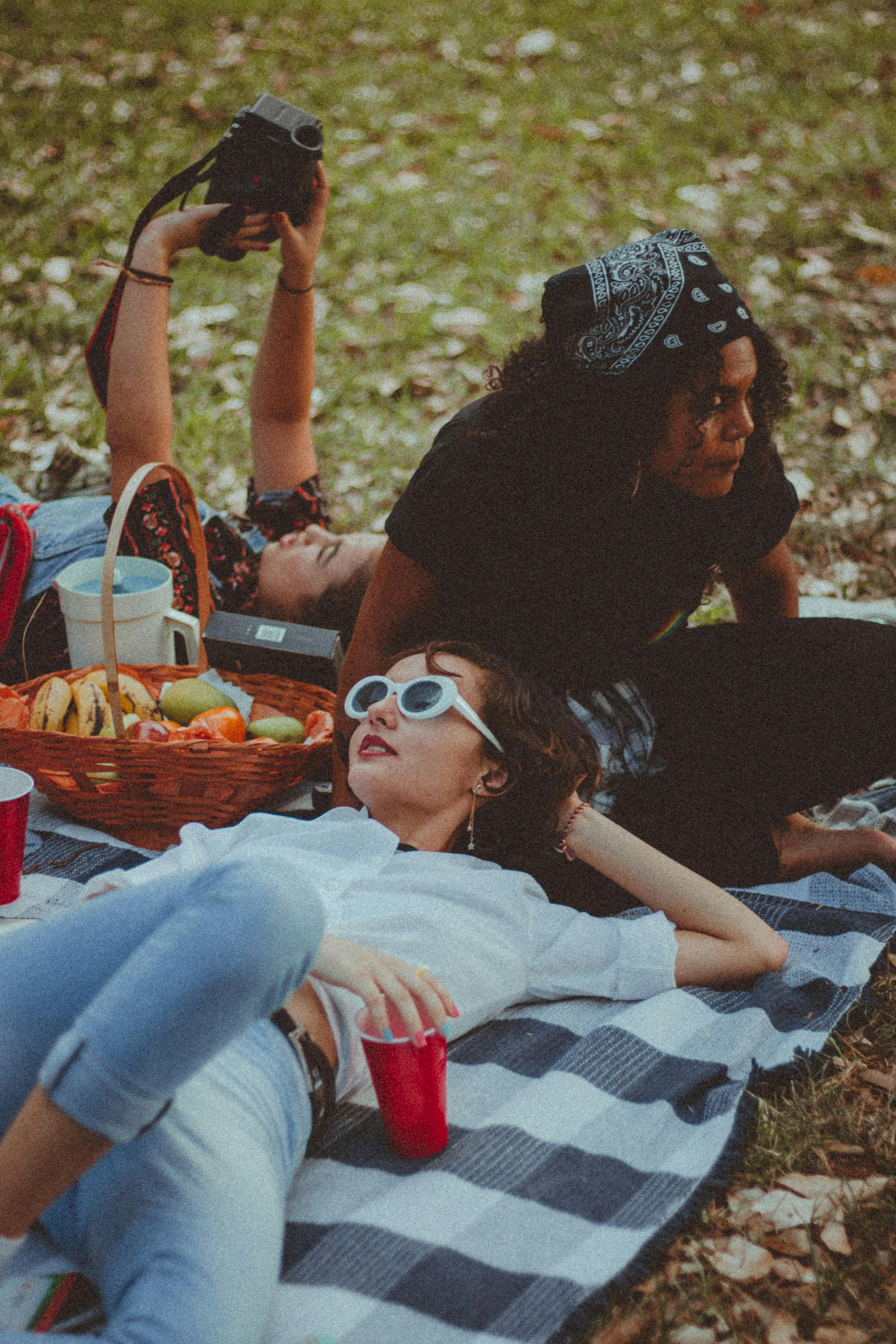 Family posing together picnic blanket - SuperStock