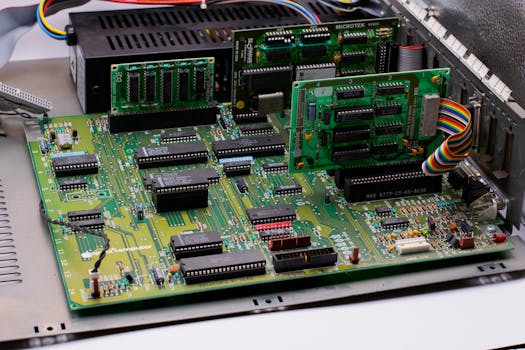 Close-up of a vintage circuit board with various microprocessors and electronic components.