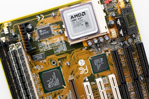 Close-up of a vintage AMD K6 CPU on a retro motherboard showing intricate electronic details.